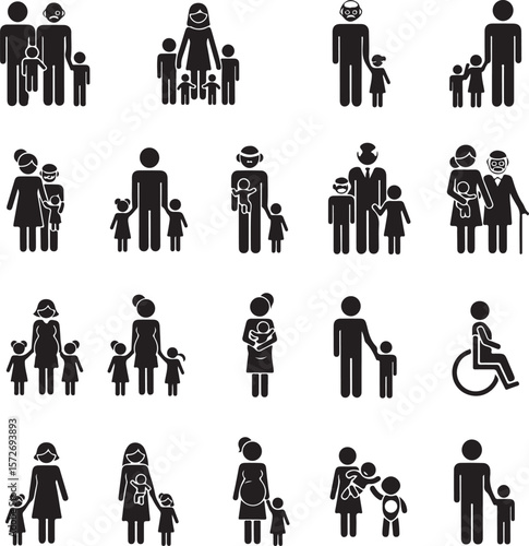 Vector art of a diverse collection of family icons representing various generations isolated on transparent background