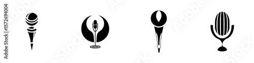 Silhouetted pictograms representing various types of microphones and audio recording equipment for creative projects