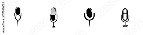 Distinctive silhouette pictograms of microphones illustrating various styles and designs for graphic representation