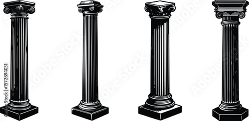 Vector art of four detailed illustrations of classical columns, perfect for architectural designs and historical projects