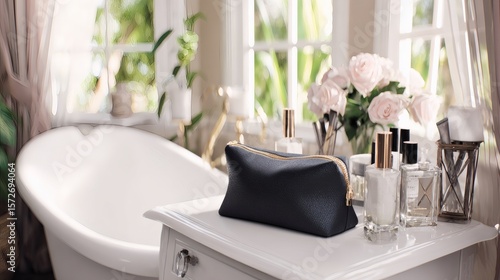 Wallpaper Mural Black cosmetic bag mockup with gold zipper on white vanity table natural bathroom lighting authentic beauty routine setting lifestyle photography commercial Torontodigital.ca