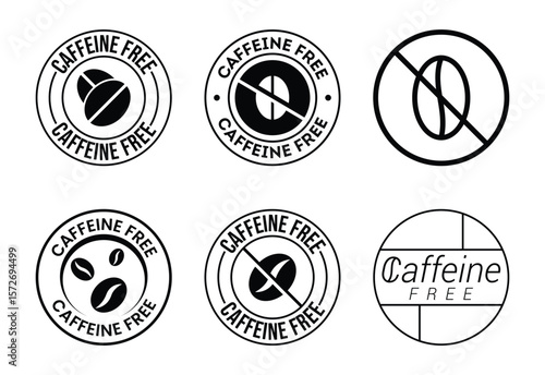 Collection of six black and white caffeine free icons and symbols