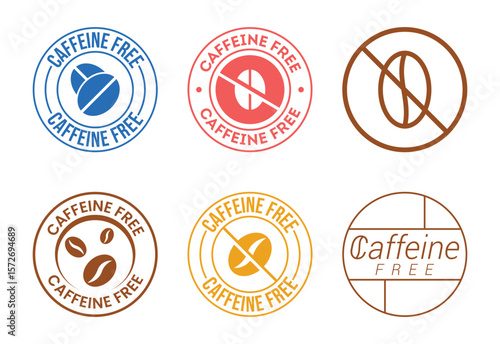 Collection of six circular caffeine free product labels with coffee bean icons