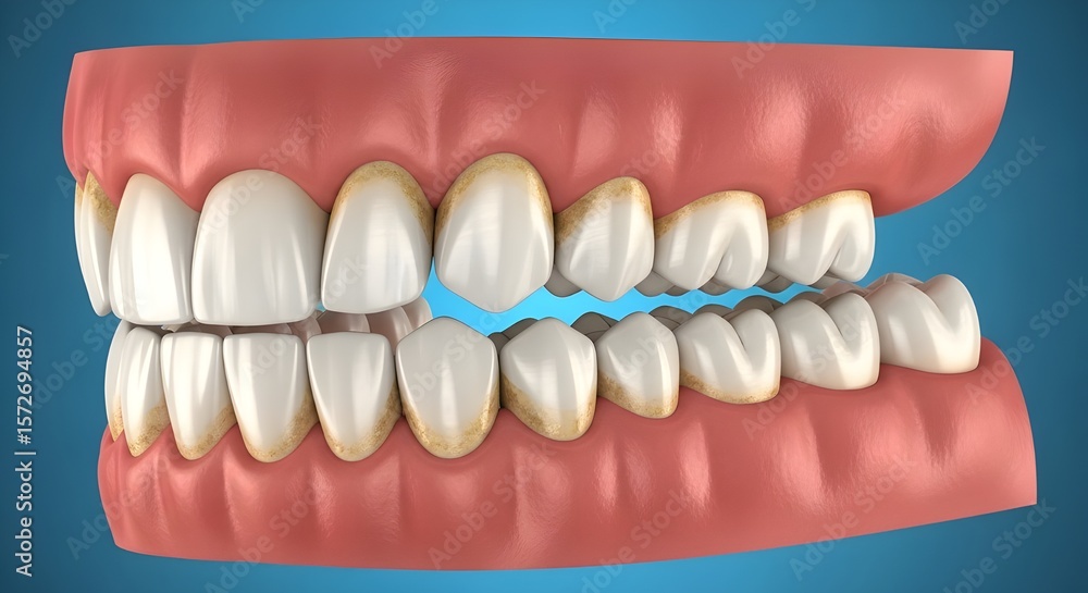 Fototapeta premium Detailed 3D Render of Human Jaw with Teeth and Gums Showing Bite and Dental Imperfections - Concept of Oral Health, Orthodontics, and Dental Problems