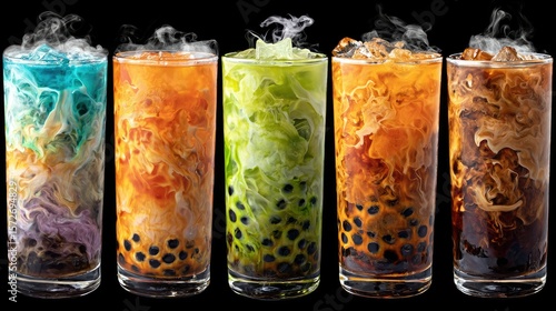 Colorful, artistic, and detailed shots of milk tea with popping boba.