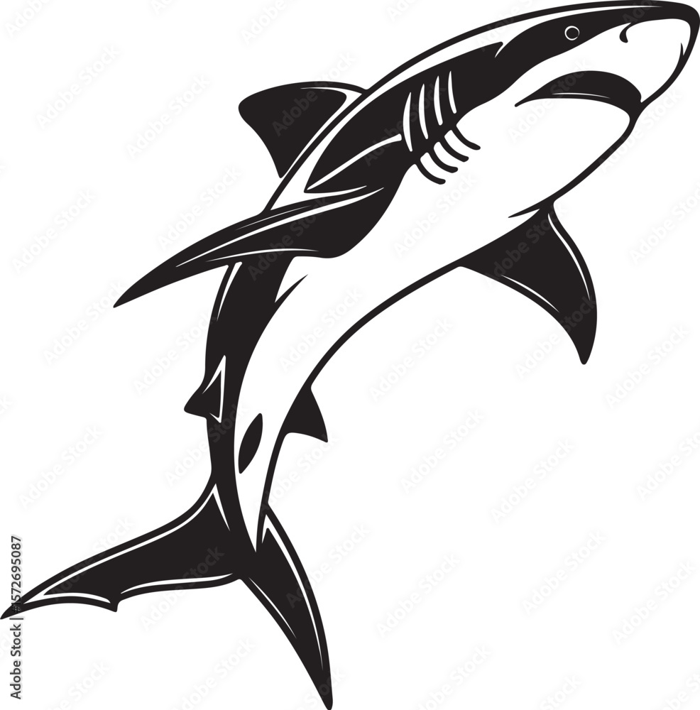 Fototapeta premium Dynamic vector image of a shark jumping above the ocean surface, showcasing its powerful form