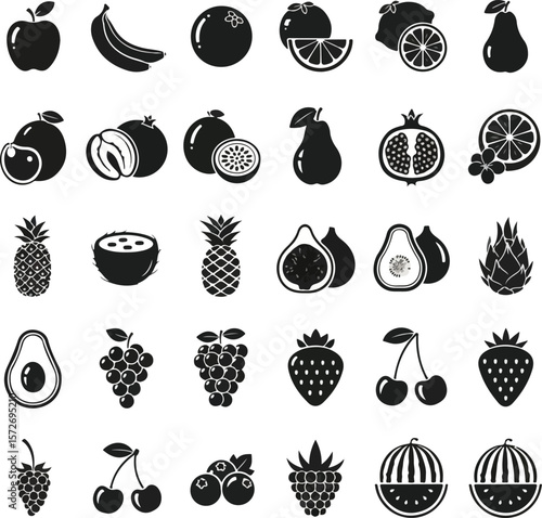 Vector art of a delicious collection of black and white fruit icons isolated on transparent background