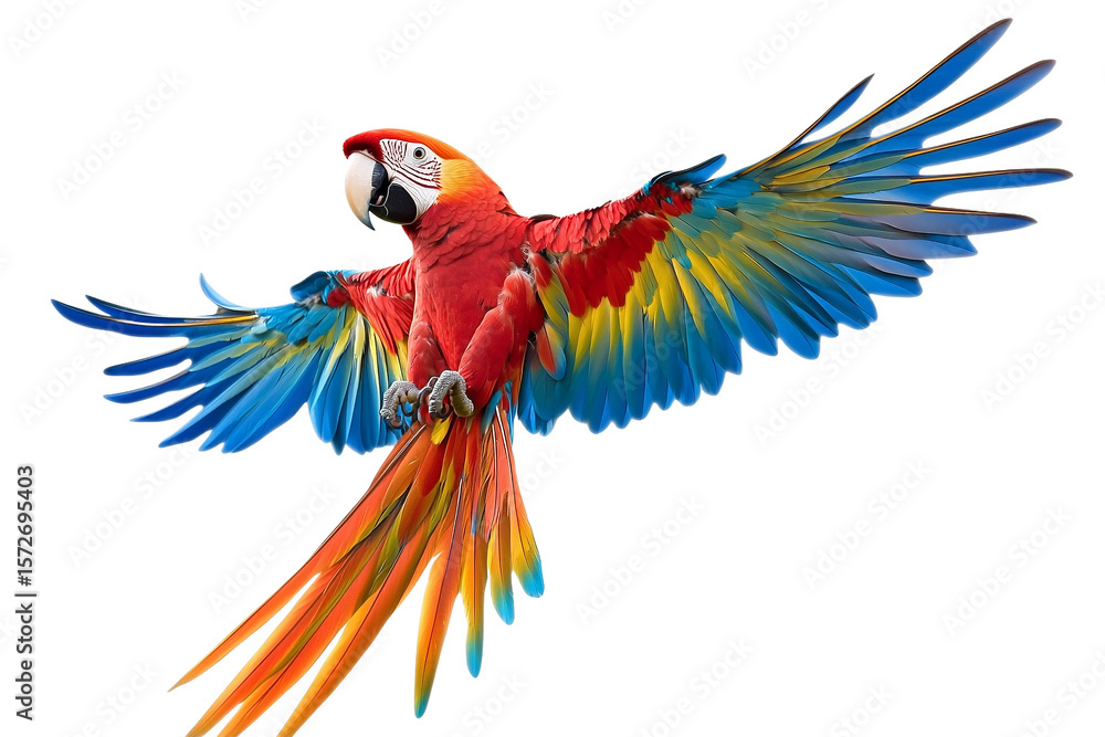 Obraz premium Vibrant Scarlet Macaw in Flight, Isolated on Transparent PNG