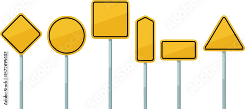 Collection of blank yellow traffic signs in various shapes on poles