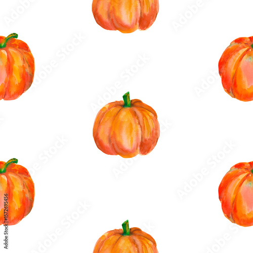 Pumpkin. Watercolor seamless pattern with bright orange pumpkins isolated on white. For seasonal packaging, wrapping paper, poster, fabric print, banner, scrapbook, postcards, fall design, farm market
