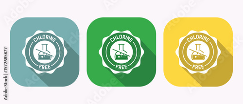 Chlorine-Free Product Label. Green, Teal, and Yellow Square Icons with Long Shadow.