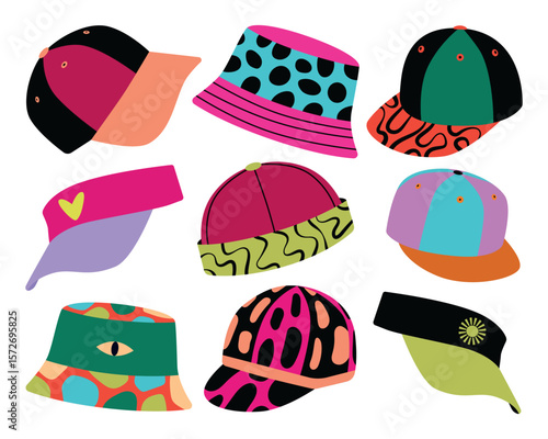 Colorful Modern Hat Set Vector Illustration. Modern hats, including caps, bucket hats, and visors. Each hat features unique patterns and vibrant colors.