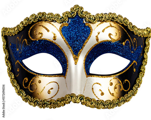 Elegant Blue and Gold Glitter Masquerade Mask with Swirl Details Isolated on Transparent Background PNG