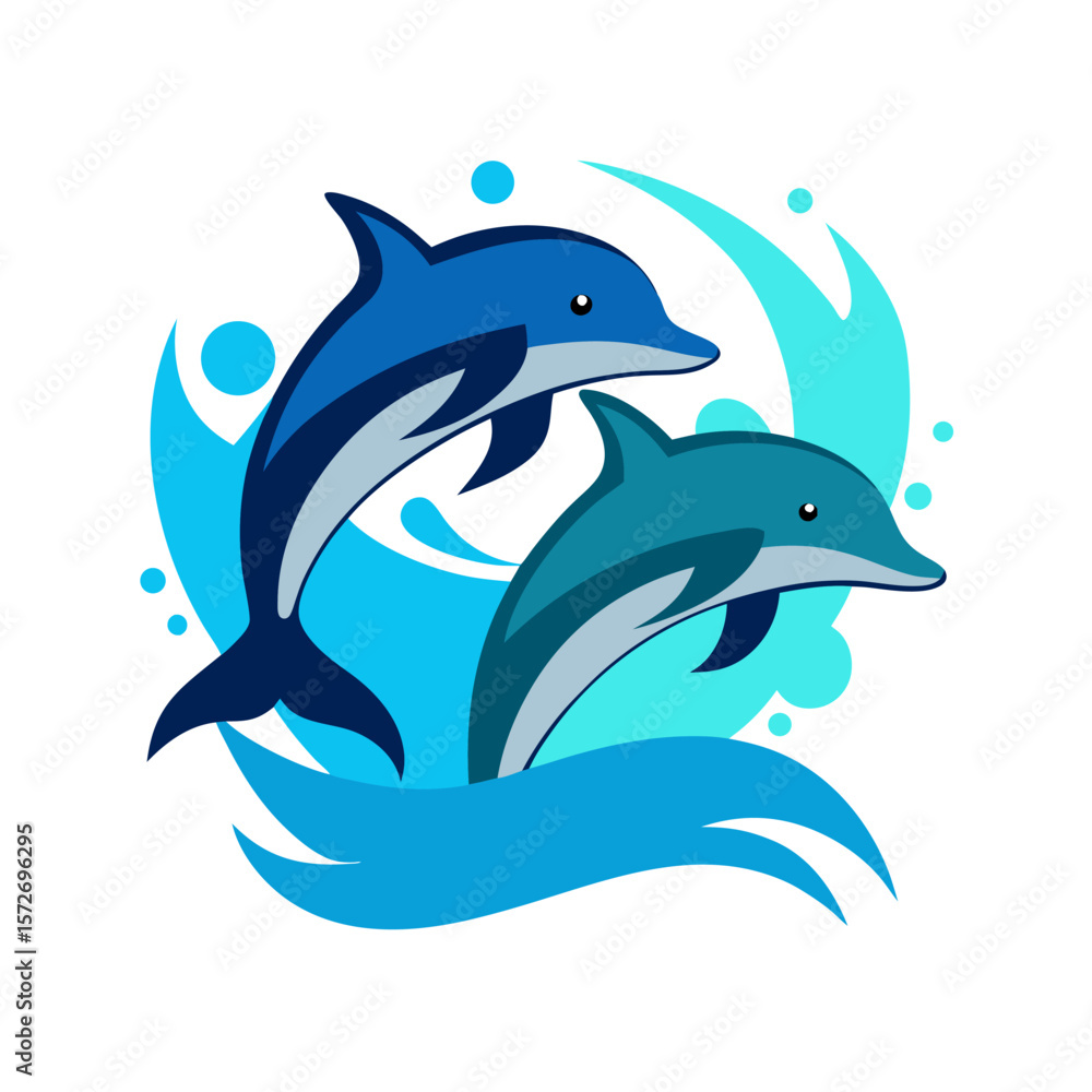 Naklejka premium Dolphin duo performing flips with splash effects, placed on a glowing sports banner with dynamic blue gradients.