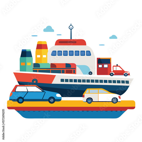 A ferry boat transporting cars, isolated on a white background, for transport, travel, ocean, or water journey.