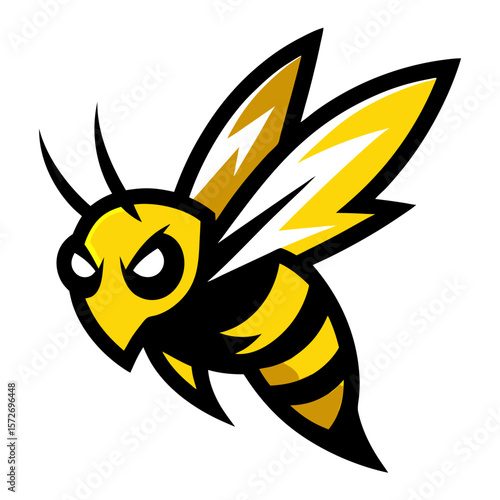 Yellow-and-black hornet in mid-attack with energy stingers and sharp wings, outlined cleanly over a vibrant esports backdrop.