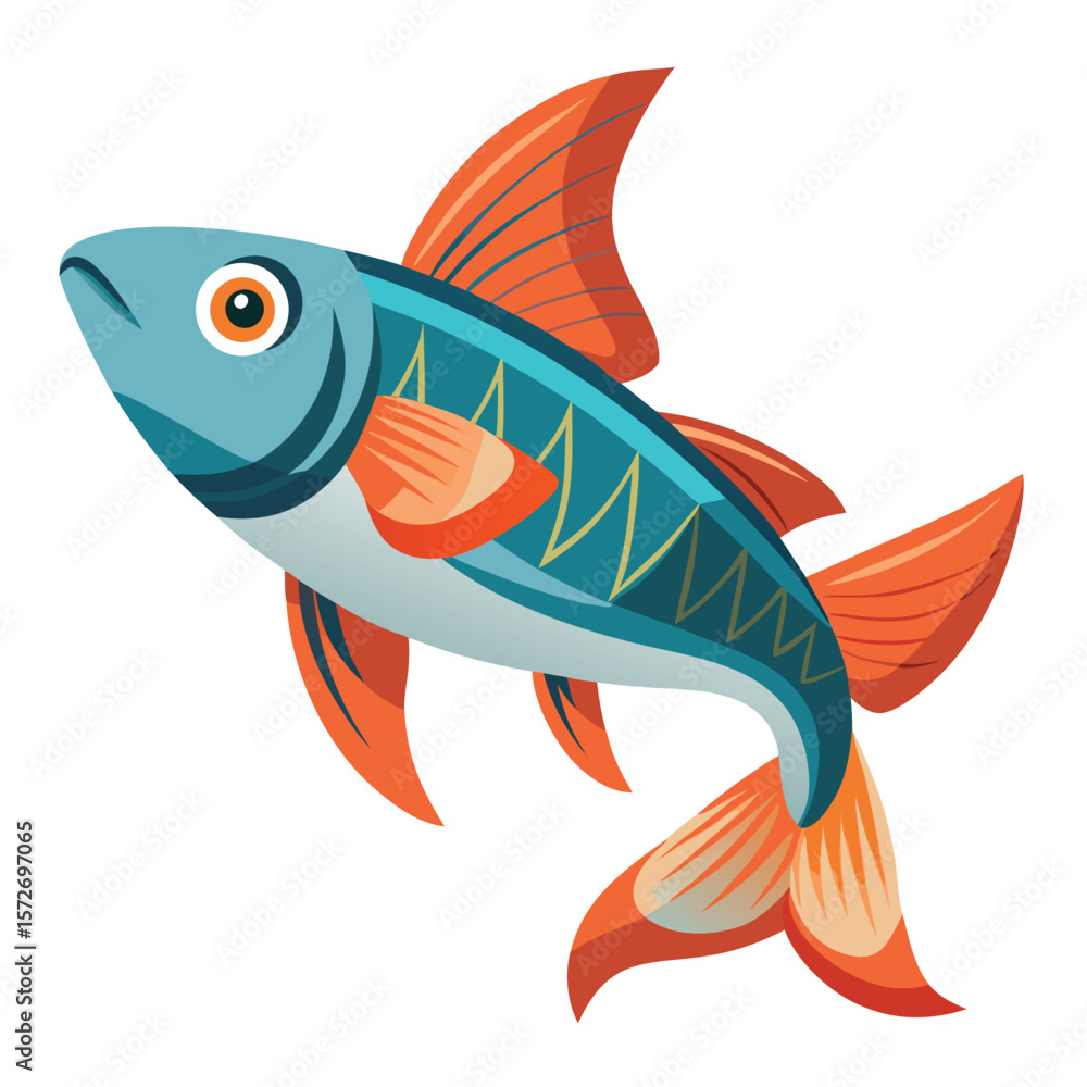 Fototapeta premium A fish swimming gracefully, on a plain white surface, for marine life, nature, underwater, or freedom.