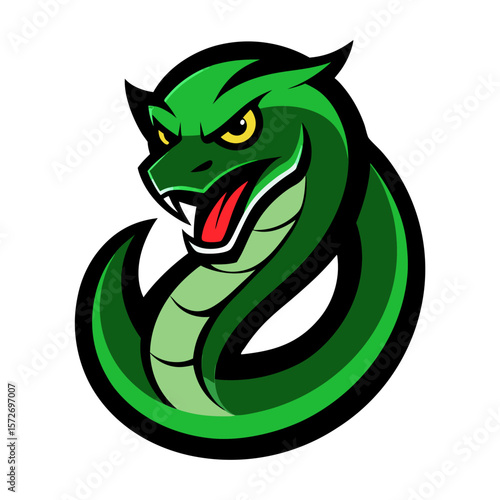 Aggressive green viper snake mascot with fangs and red tongue