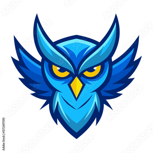 Aggressive blue owl mascot with sharp eyes and wings spread wide