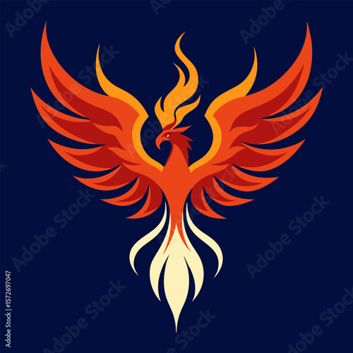 Stylized fiery phoenix with spread wings against a dark blue background