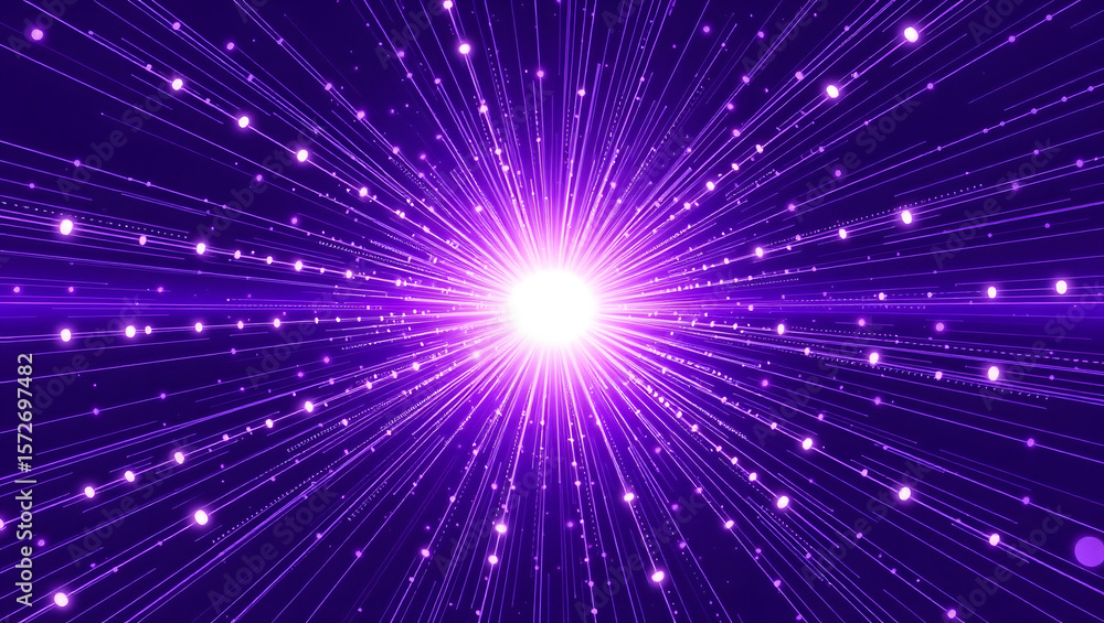 Naklejka premium Radiant Purple Energy Burst: An ethereal burst of purple energy emanates from a central point, streaks of light punctuate the void, conjuring feelings of innovation, and endless expanse.