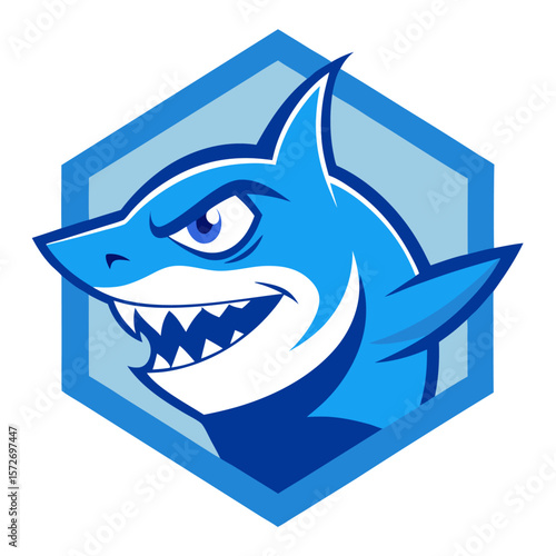 Angry Blue Shark Mascot with Sharp Teeth, Set Inside Hexagonal Badge with Crisp Vector Detailing