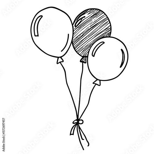 Doodle sketch vector illustration of three balloons tied together on transparent background for celebration and party design