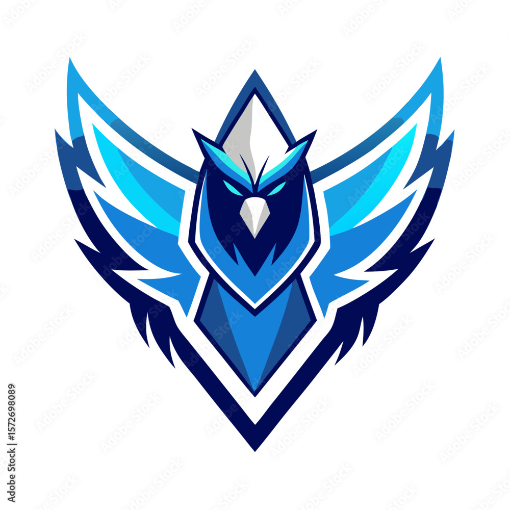 Obraz premium Modern Eagle Logo with Streamlined Feathers and Blue-White Contrast, Framed in Futuristic Badge Format