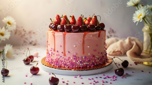 Wallpaper Mural Berry Bliss Cake Delight: A stunning, artistic pink cake, lavishly adorned with fresh strawberries and cherries, standing as a testament to the art of baking and the allure of delightful desserts. Torontodigital.ca