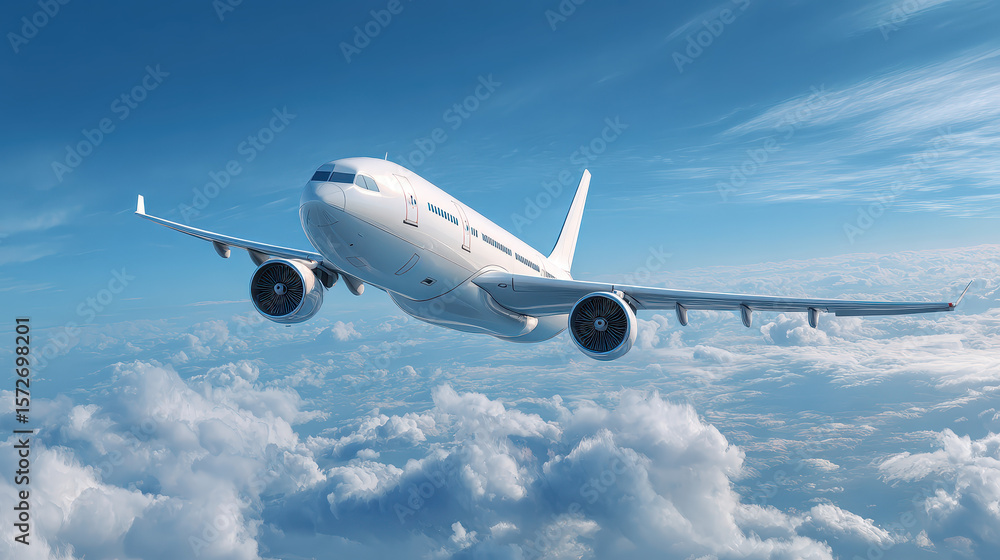 Obraz premium Soaring Above the Clouds: An airplane cuts through the vibrant blue sky, gliding serenely above a sea of fluffy white clouds, inviting the viewer to a journey of discovery and travel.