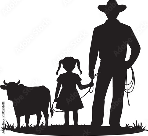 Cowboy, Child, and Calf Silhouette: Rural Farm Life and Family Bond