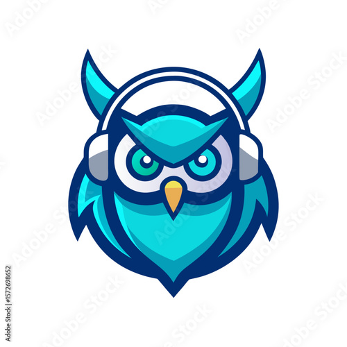 Cool blue owl with headphones wearing a gaming headset and looking determined