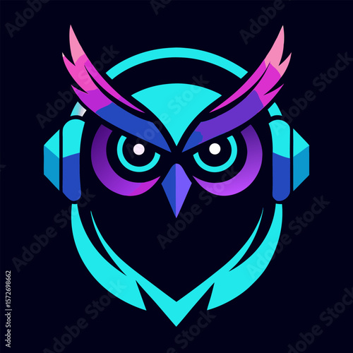 Stylized owl wearing headphones with vibrant neon gradient colors on dark background