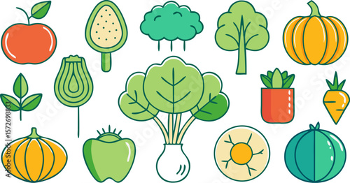  Fresh Fruits and Vegetables Line Icon Set - Healthy Food Garden Vector Collection