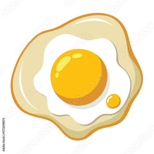 A fried egg with a runny yolk, on a plain white surface, for breakfast, food, cooking, or delicious.