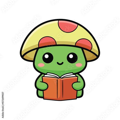 curious mushroom reading a book kawaii style black outline