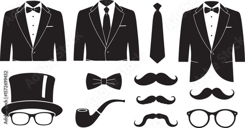 Gentleman’s Suit and Accessories Silhouette Set Vector