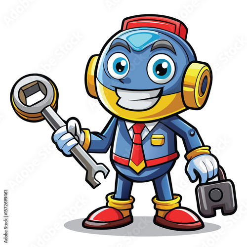 Smiling robot technician holding wrench and briefcase