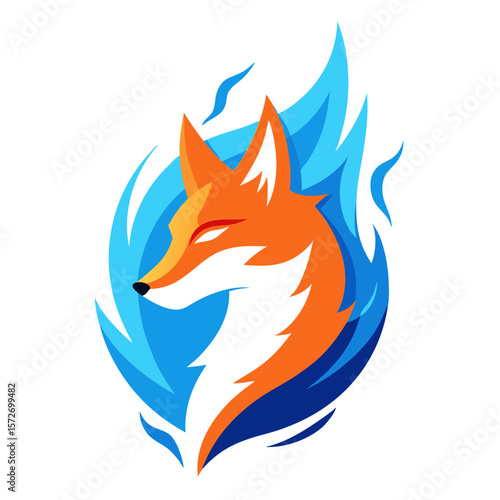 Stylized orange fox head with blue flames and white background