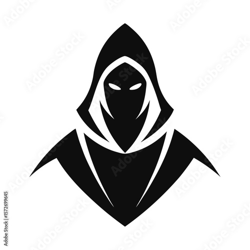 Mysterious hooded figure with glowing eyes in a dark silhouette