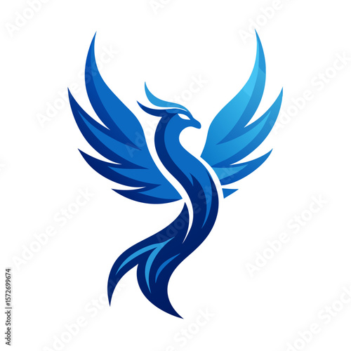 Stylized blue phoenix rising with wings spread in a modern graphic design