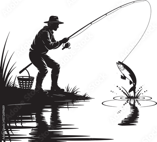 Dedicated Fisherman in Water Silhouette: Angler Fishing Sport in Nature