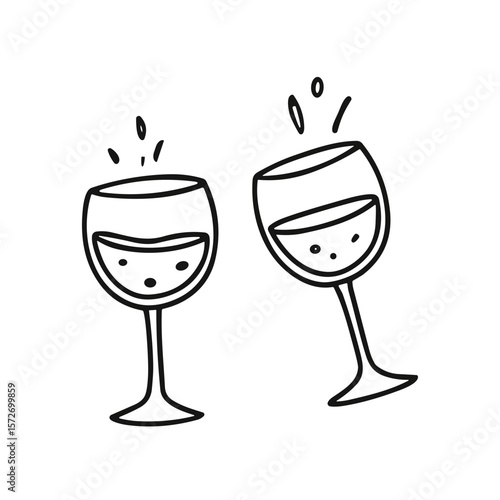 Doodle sketch vector illustration of two clinking glasses on transparent background for celebration and drink design