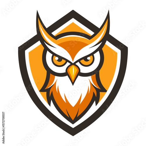 Stylized owl head emblem with sharp eyes and orange and white feathers inside a shield