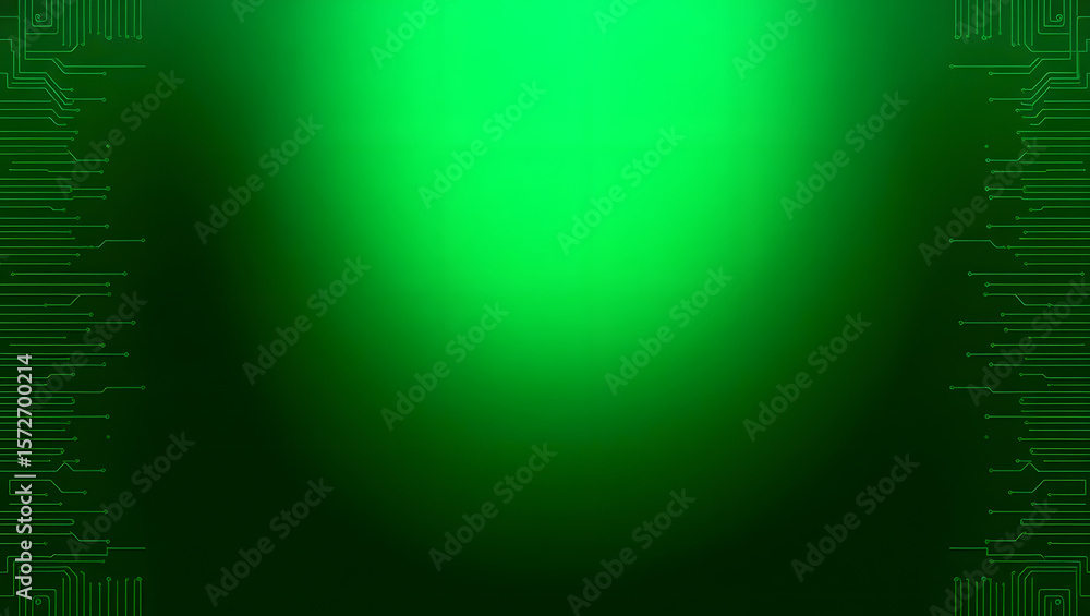 Naklejka premium Green Tech Backdrop: A vibrant green backdrop, augmented with intricate circuit board edges, serves as a futuristic template for technological innovations and presentations.
