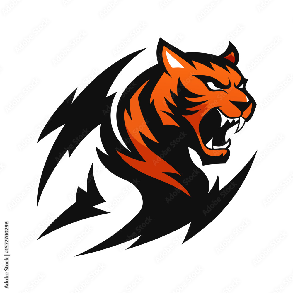 Obraz premium Explosive Tiger Logo with Claw Swipes, Strong Shadows, and Aggressive Forward Stance