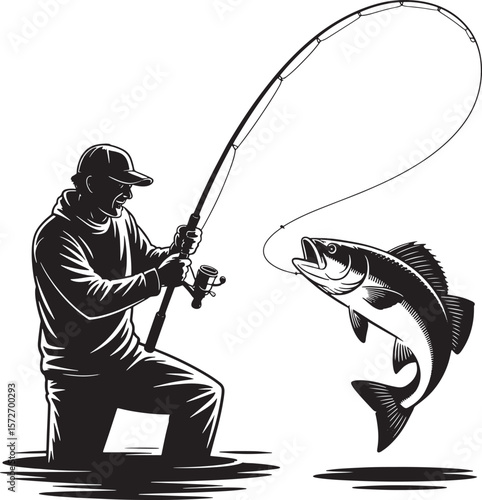  Dynamic Fisherman & Bass Catch Silhouette: Freshwater Fishing Sports Vector