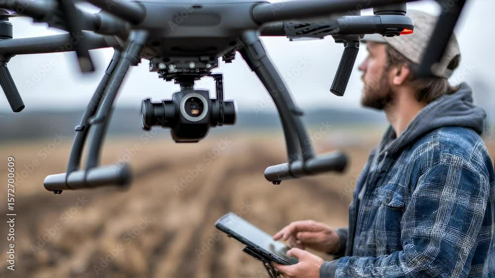 A farmer using a tablet in the field analyzing data collected from drones flying overhead. The integration of aerial imagery and data analytics empowers intelligent decisions for crop A farmer using a tablet in the field analyzing data collected from drones flying overhead. The integration of aerial imagery and data analytics empowers intelligent decisions for crop