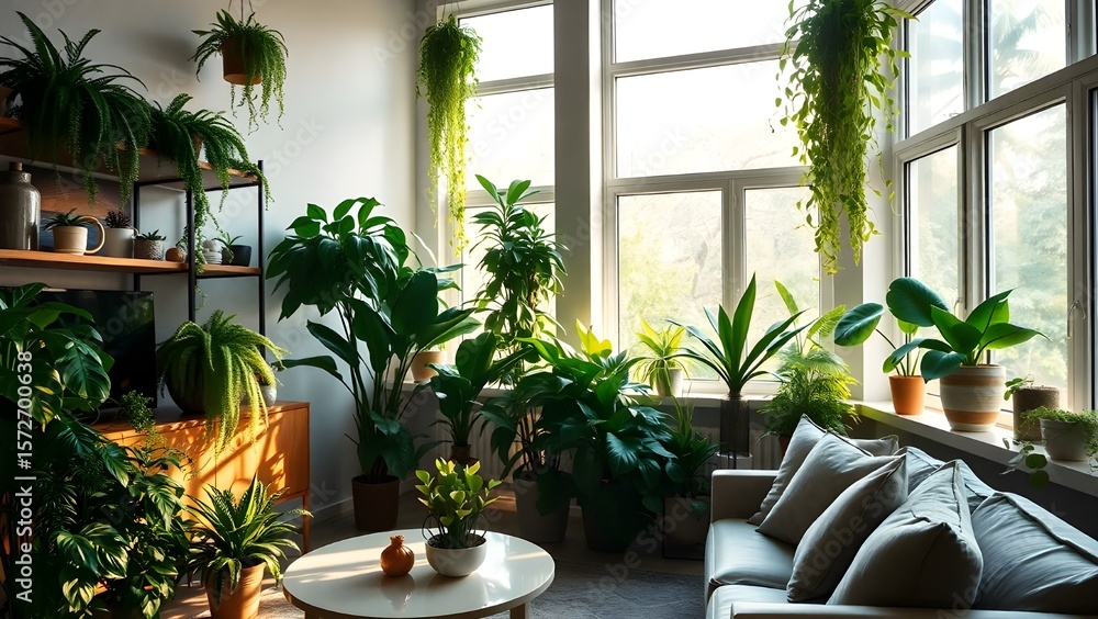 Fototapeta premium Cozy indoor garden with lush green plants