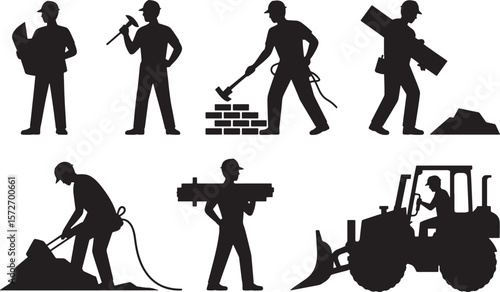 Dynamic Construction Worker Silhouettes: Building & Labor Industry Vector Icons